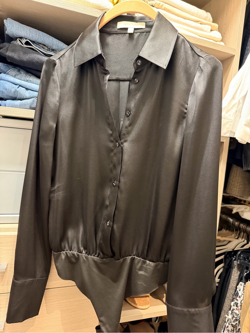 Favorite Daughter Satin Button-Front Blouse/bodysuit in black